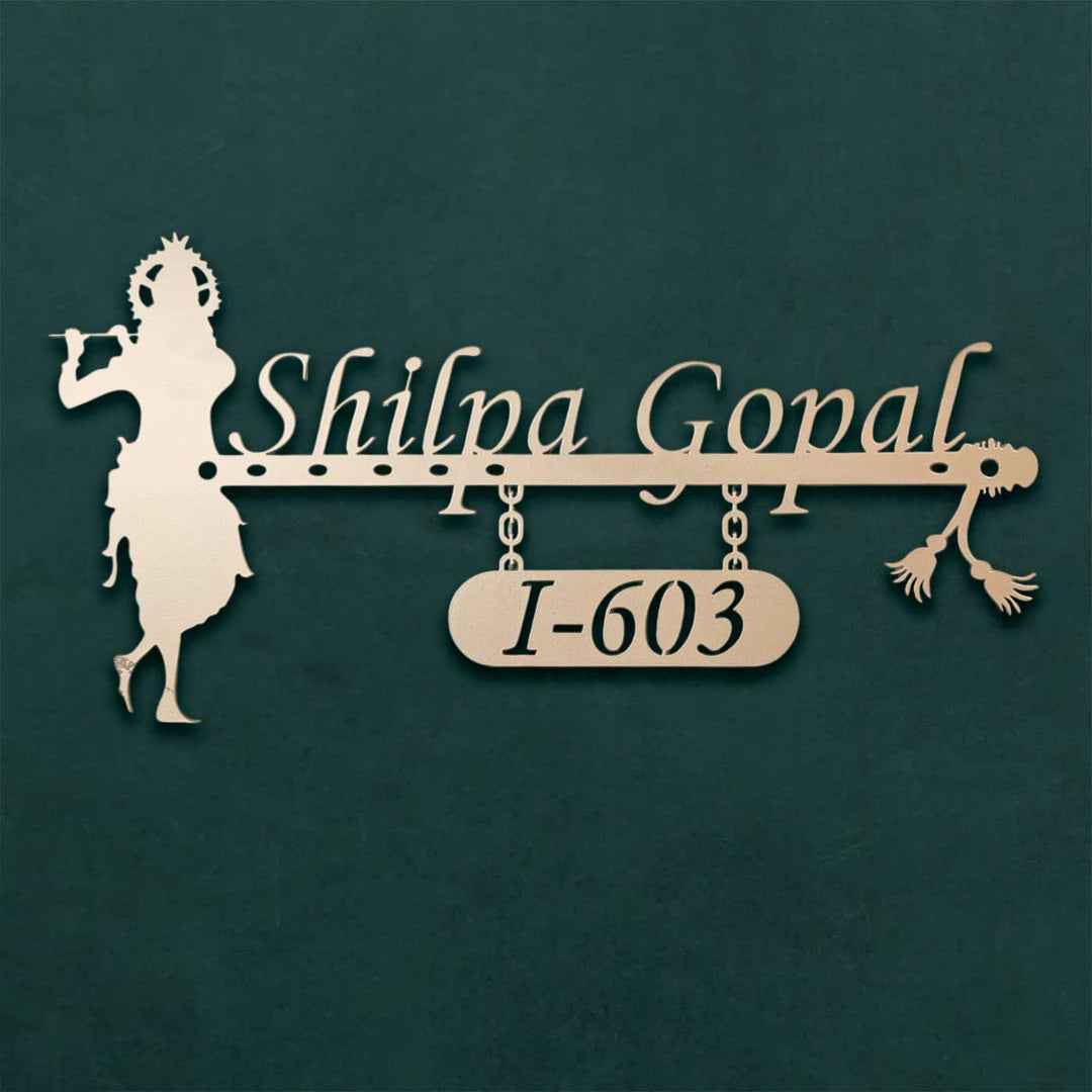 Personalized Krishna Weatherproof Name Plate With House Number - Front View with Hanging Sign