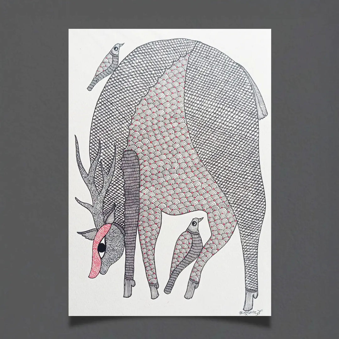 11 x 16 Inch | Deer & Bird Bond | Original Hand Painted Tribal Gond Art Painting | Acrylic Paint On Paper