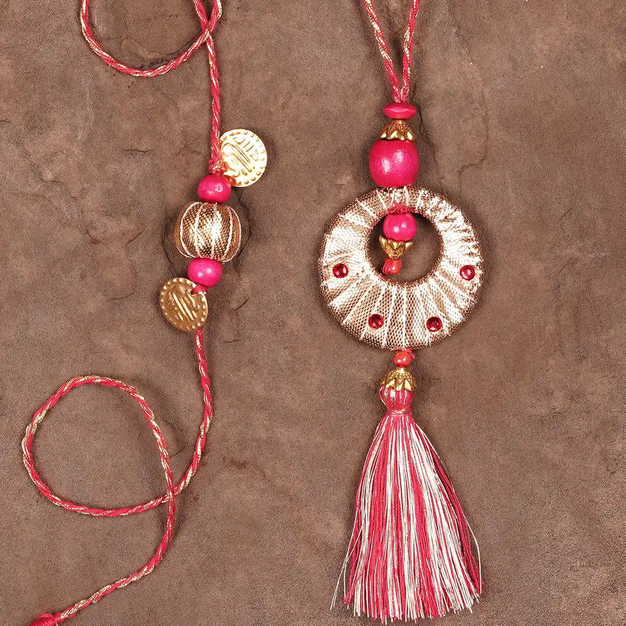 Handmade Beaded Gota Patti Bhaiya Bhabhi Rakhi With Roli Chawal Set Of 2 - Close-up of Pendant Details