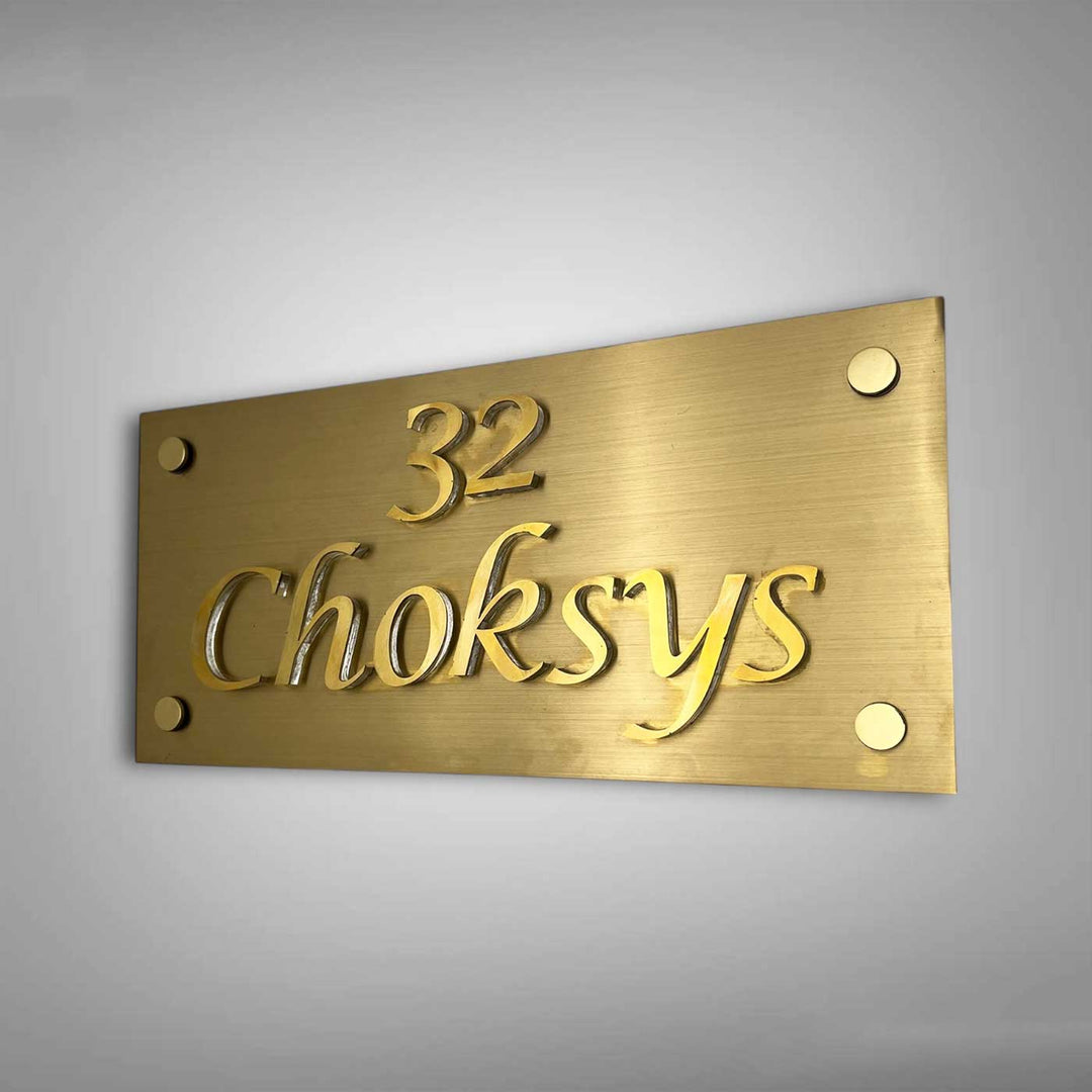 Personalized Weatherproof Rectangle Engraved Gold Stainless Steel Name Plate - Mounted on Wall Angled View