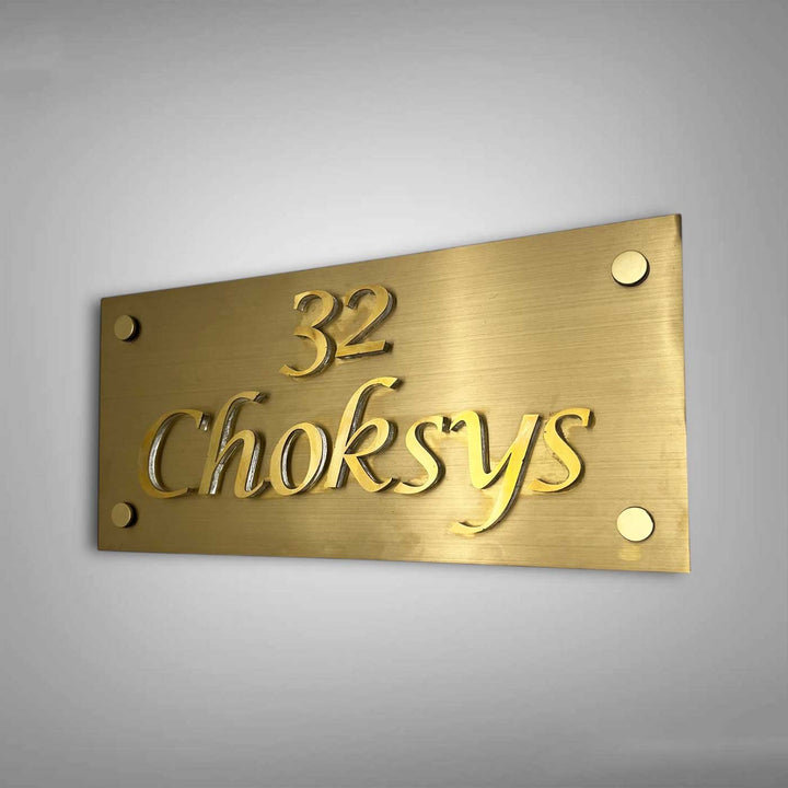 Personalized Weatherproof Rectangle Engraved Gold Stainless Steel Name Plate - Mounted on Wall Angled View
