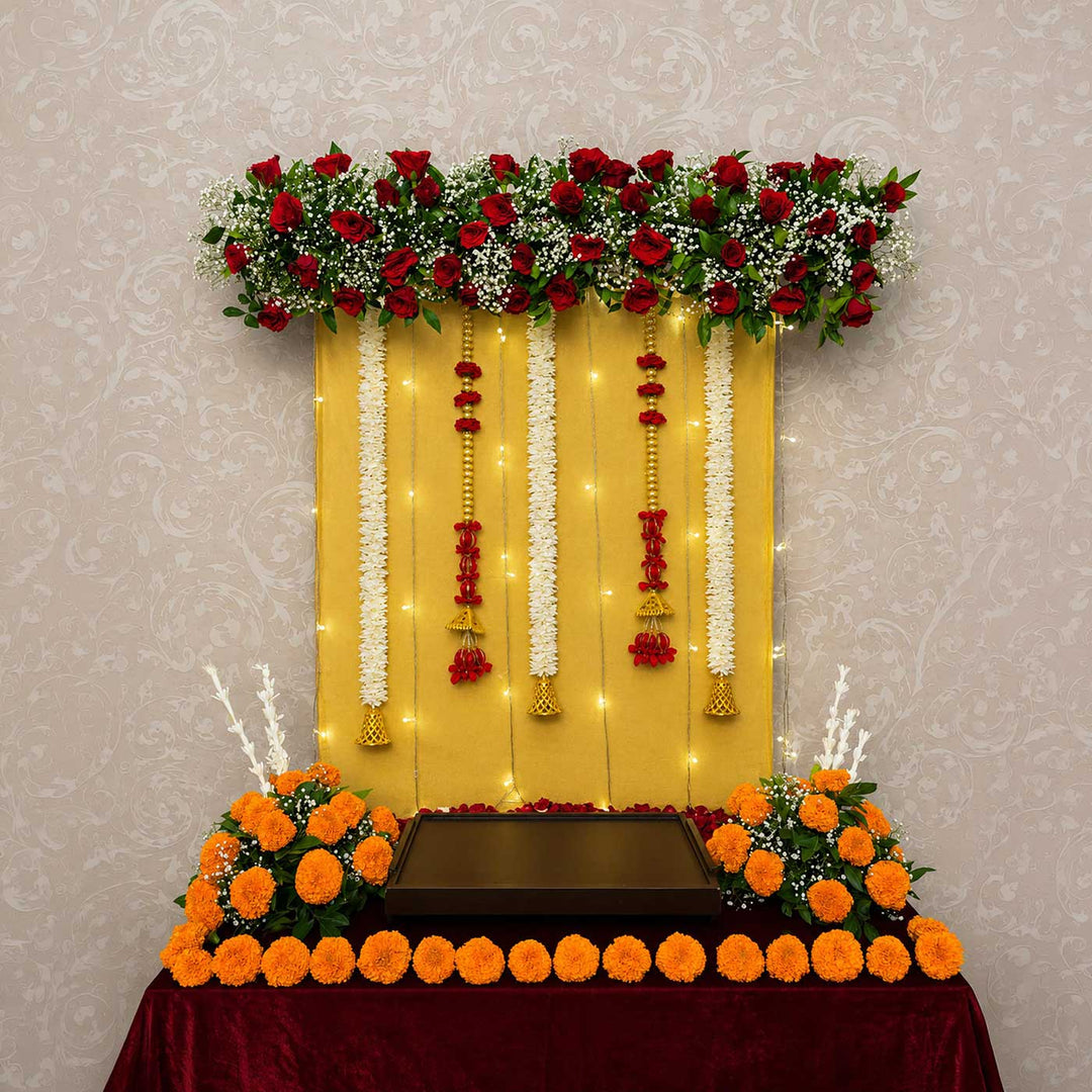 Divine Pooja Backdrop Decor Kit with Stand, Floral Garlands & 30 m Fairy Lights
