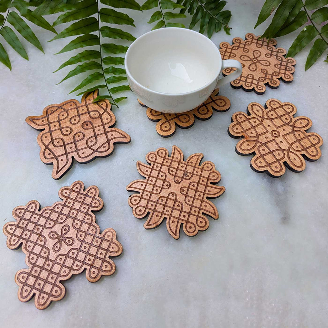 6 pc | Engraved Mahogany Wood Kolam Coasters For Coffee Table & Dining Decor