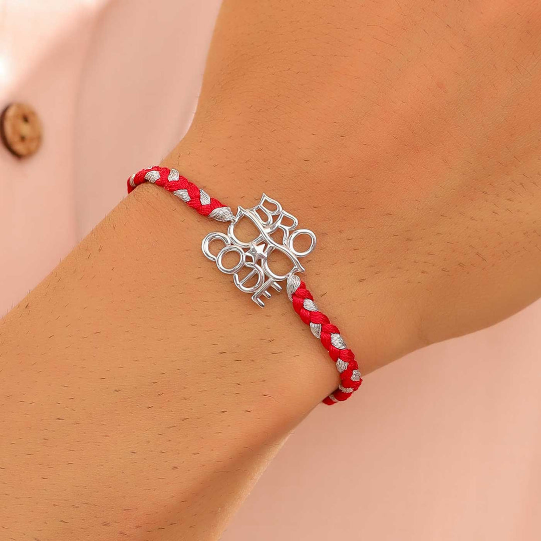 Handmade Bro Code Design Silver Rakhi For Brother - Worn on Wrist Display