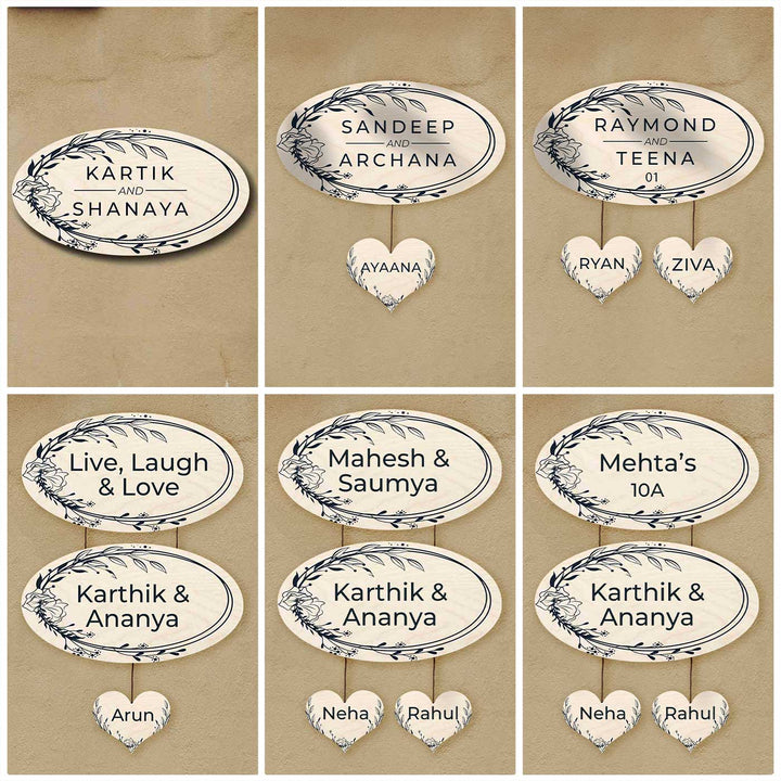 Printed Floral Wooden Oval Nameplate For Couples - Multiple Personalized Wall Plaques Display