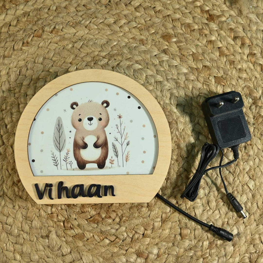 Personalized Bear Theme Wooden Table Lamp For Kids With 3D Letters