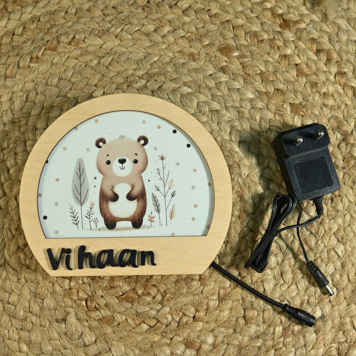 Personalized Bear Theme Wooden Table Lamp For Kids With 3D Letters