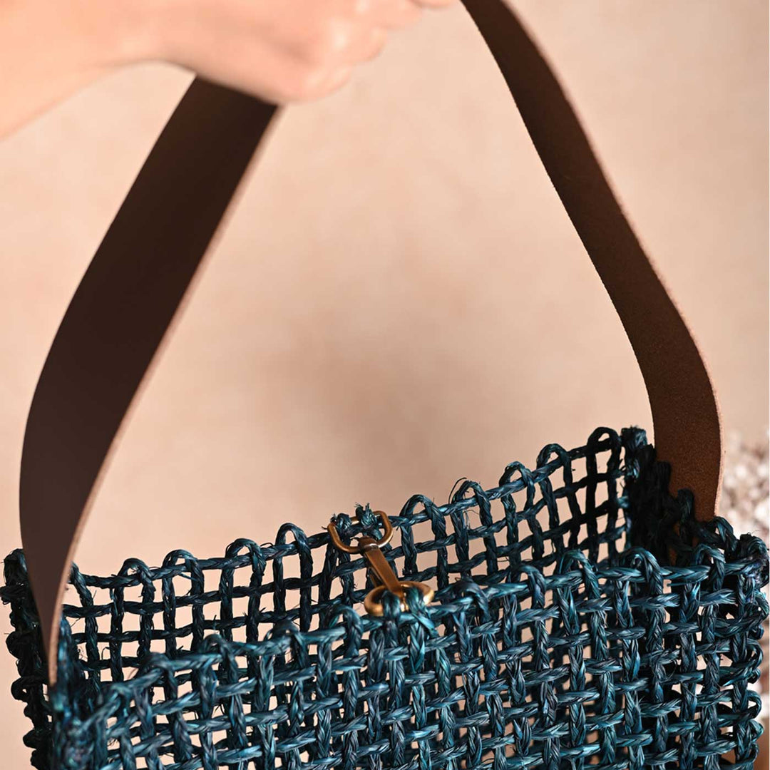 Handmade Grass Woven Box Shaped Leather Strap Indigo Sabai Mesh Tote Bag