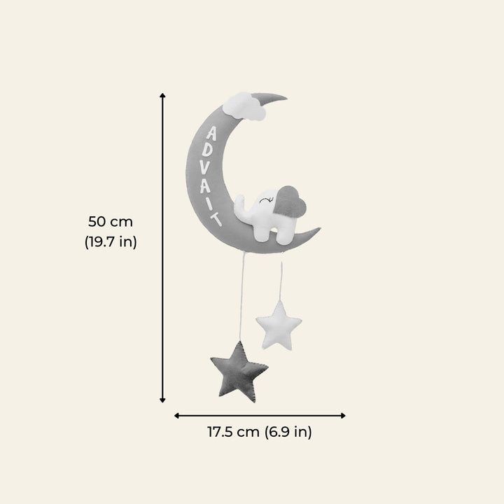 Handmade Dino On The Moon Kids Felt Name Hanging - Dimension Chart with Name Personalization