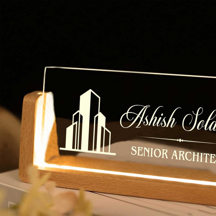 Personalized Architect Sleek Glass Desk Nameplate With Led Light - Side View Showing Lighted Base