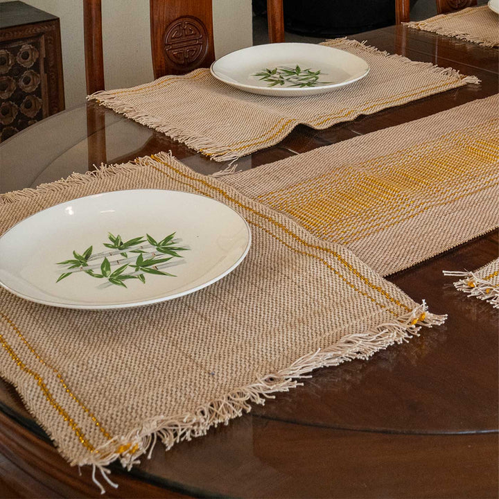 Hand Woven Vertical Striped Madhurkati Table Runner & Table Mat