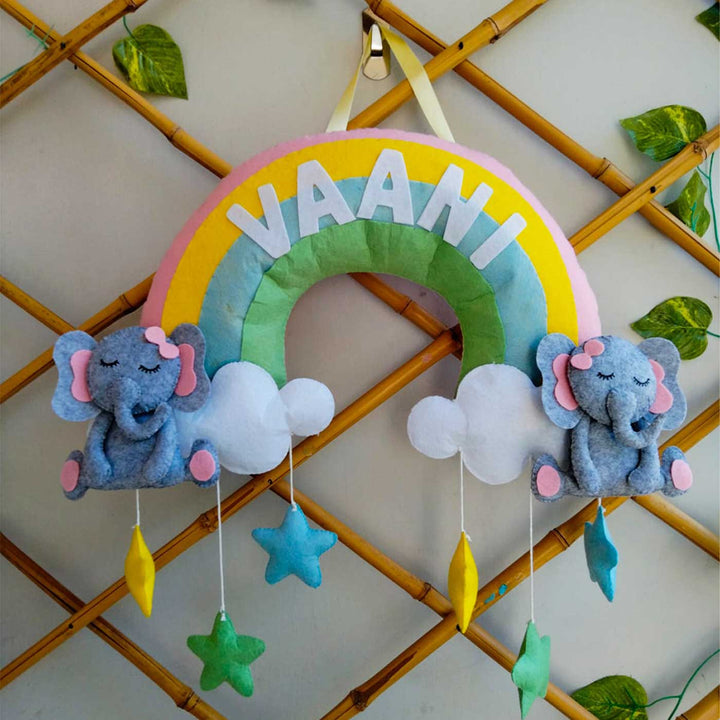 Personalized Rainbow And Elephant Theme Felt Kids Name Plate - Hanging Display with Name Personalization