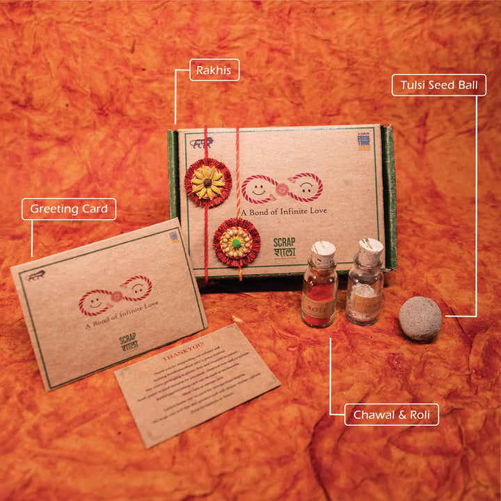 Akkad Bakkad Plantable Handmade Cork Sibling Rakhi Hamper With Roli Chawal - Labeled Rakhi gift set components