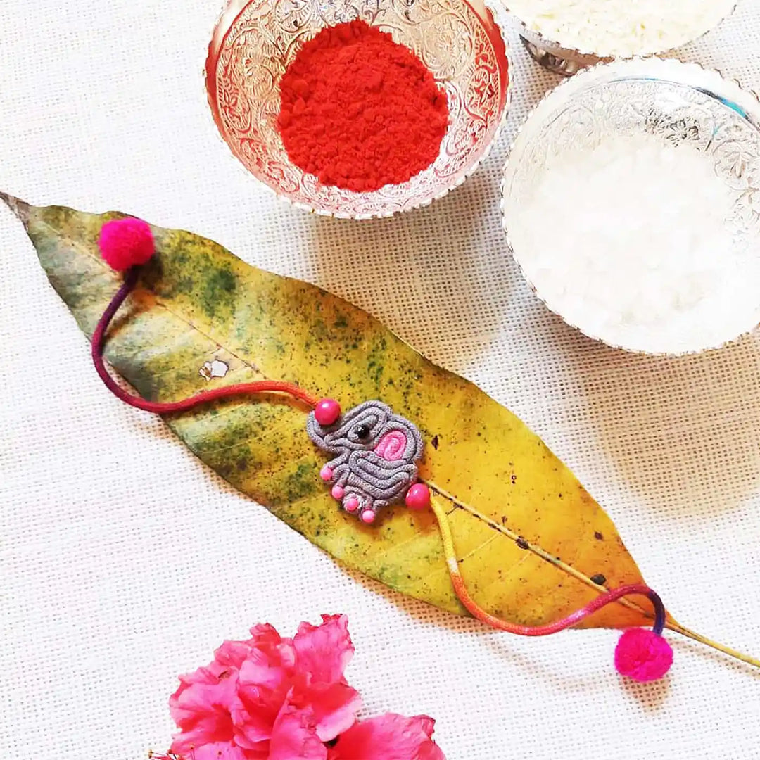 Handmade Dori Work Elephant Kids Rakhi With Roli Chawal - Styled with Decorative Items