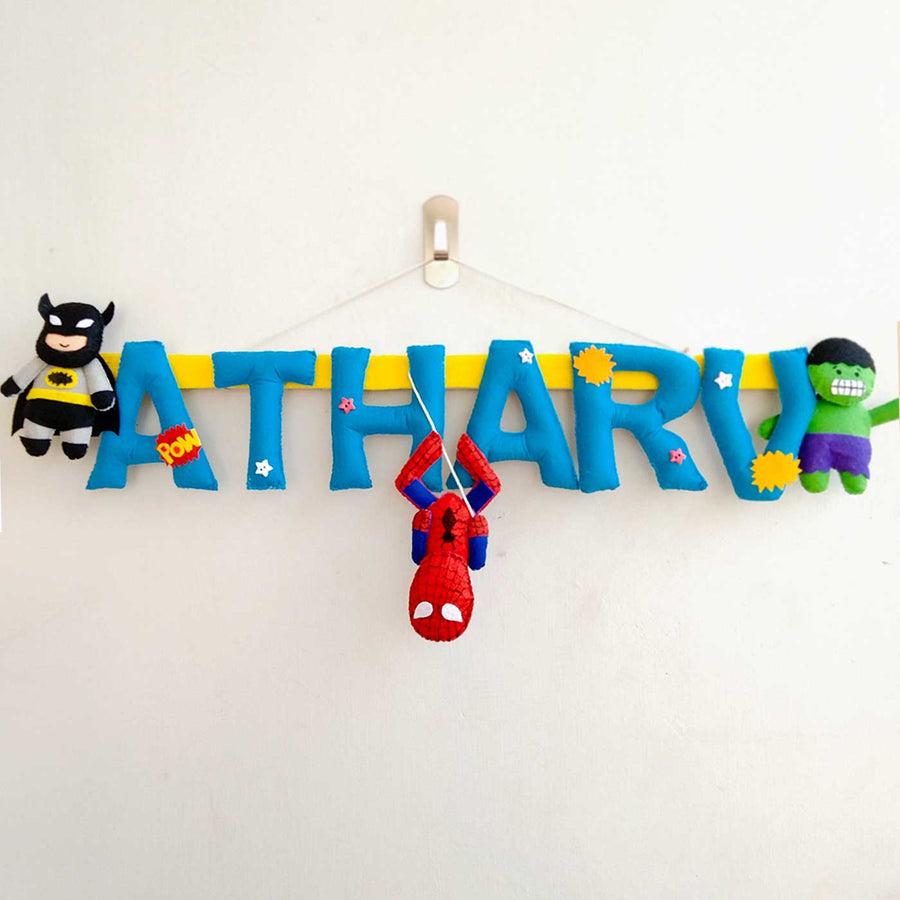 Personalized Super Hero Theme Felt Kids Name Plate - Hanging with Character Plush Toys