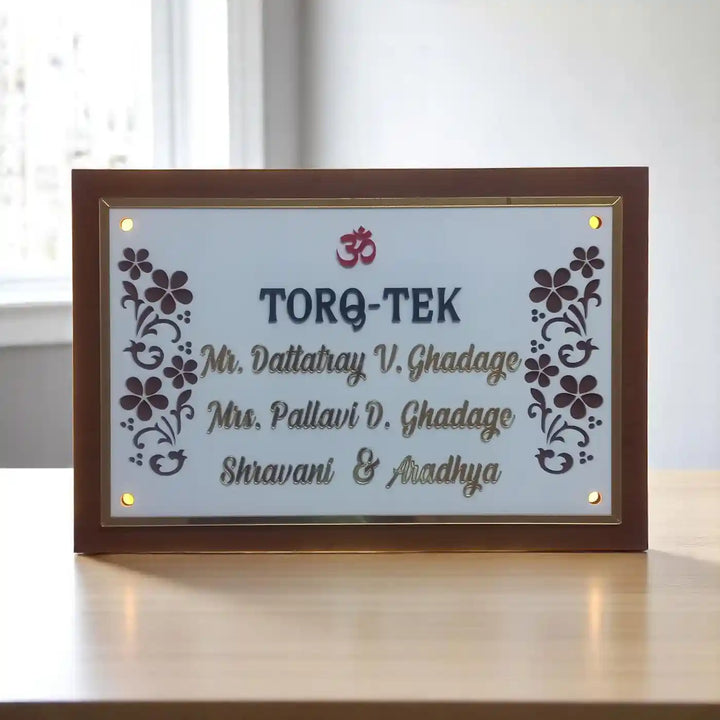 Personalized Handmade Rectangular Flower Wooden Name Plate With Light