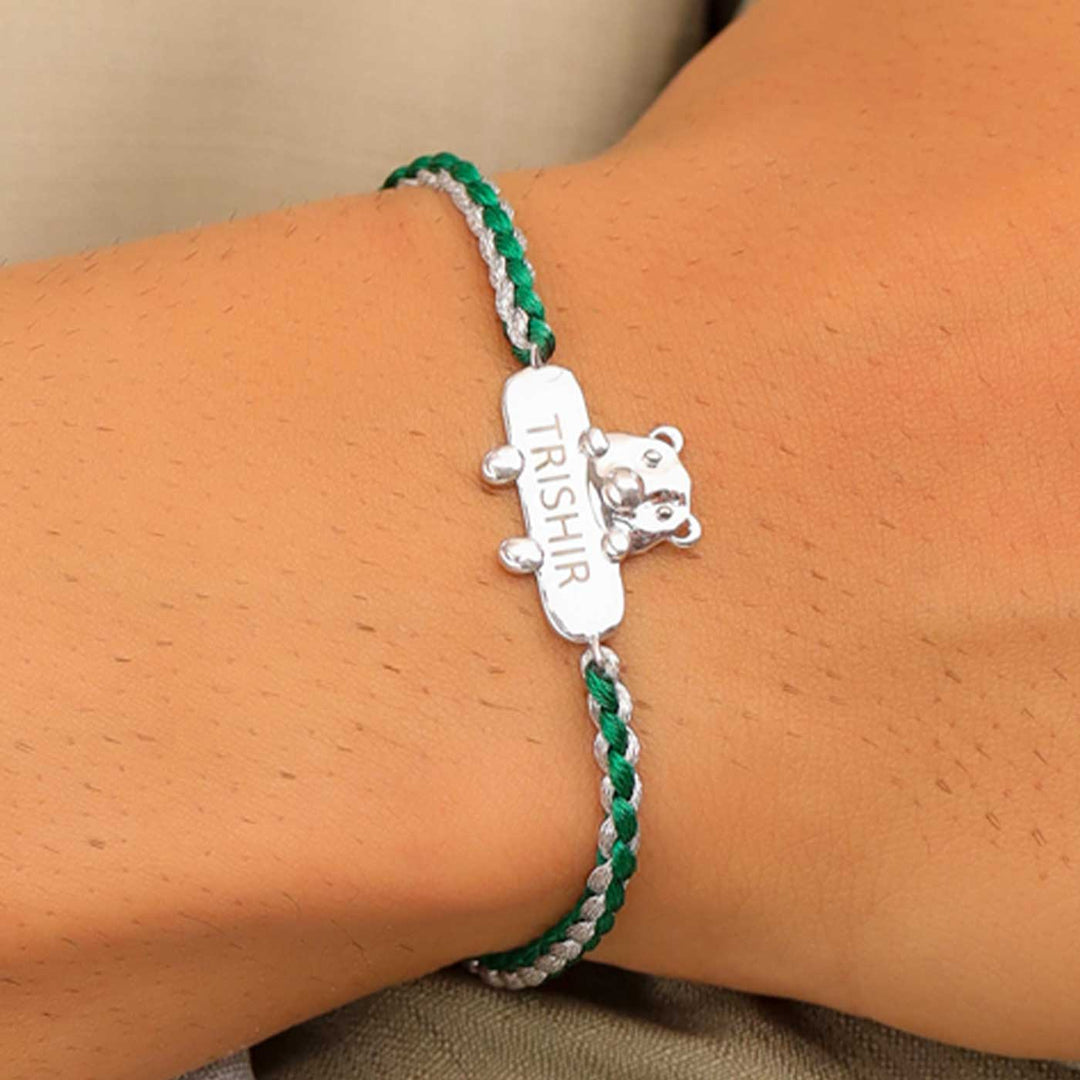 Personalized Handmade Bear Design Silver Kids Rakhi - Worn on Wrist Display
