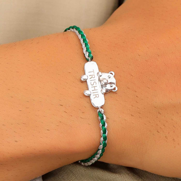 Personalized Handmade Bear Design Silver Kids Rakhi - Worn on Wrist Display
