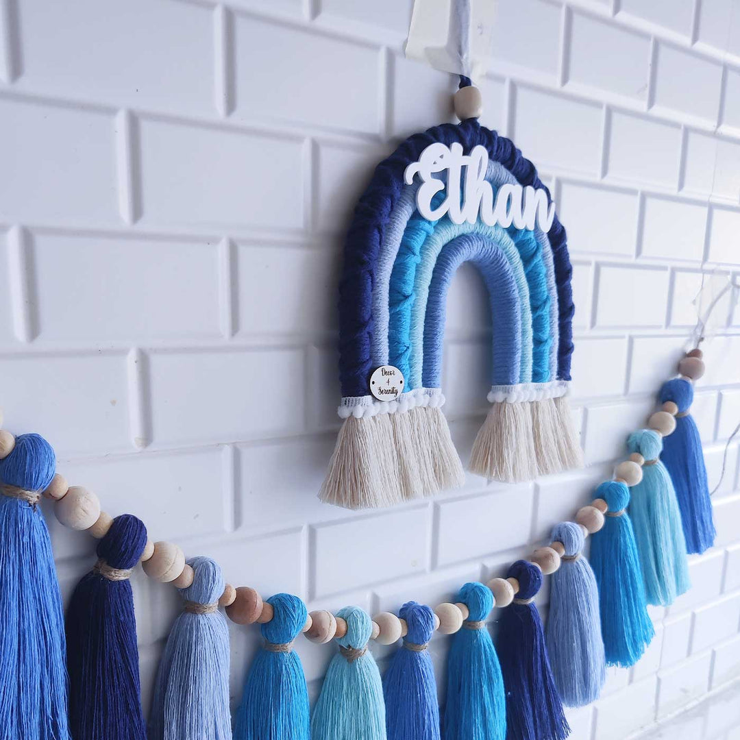 Personalized Handmade Macrame Blue Rainbow And Tassel Garland Combo Kids Name Plate And Bunting Combo With 3D Letters - Mounted on Wall with Name Personalization