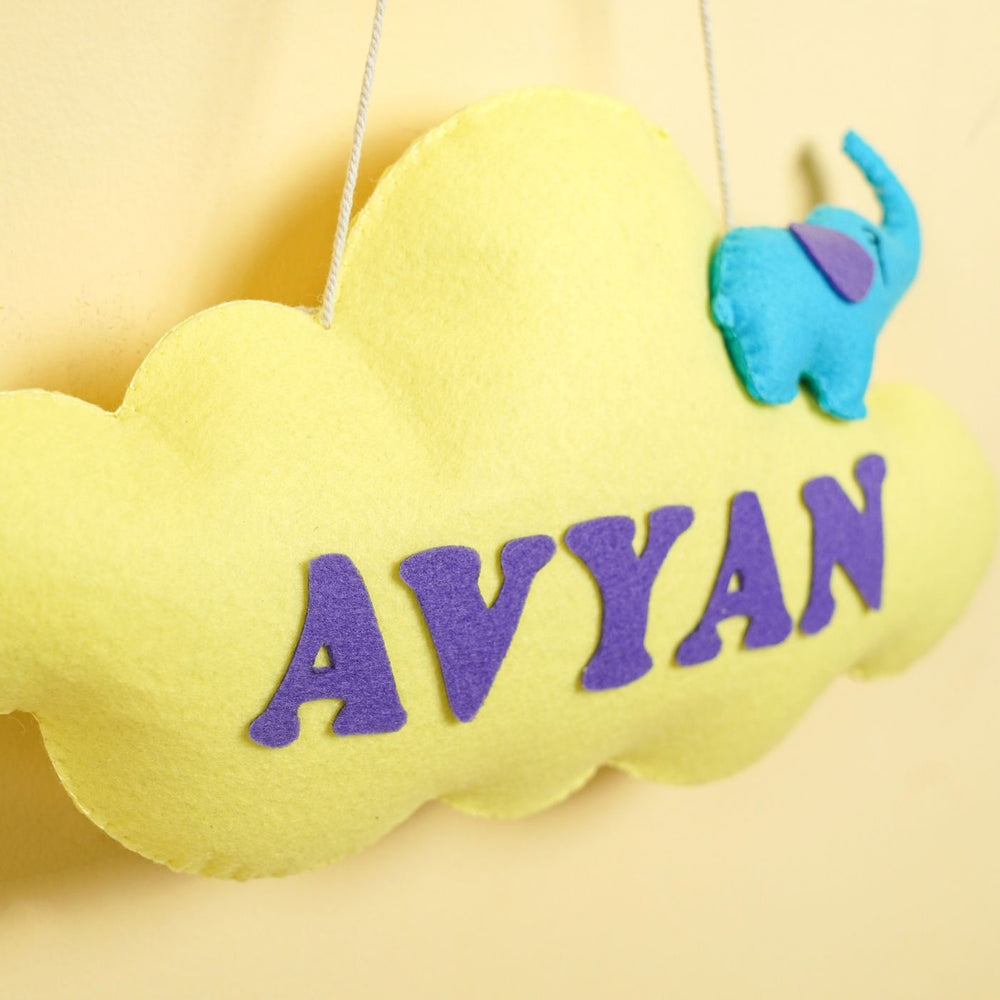 Handmade Personalized Elephant On Moon Felt Kids Name Hanging - Close-up Hanging Name Personalization