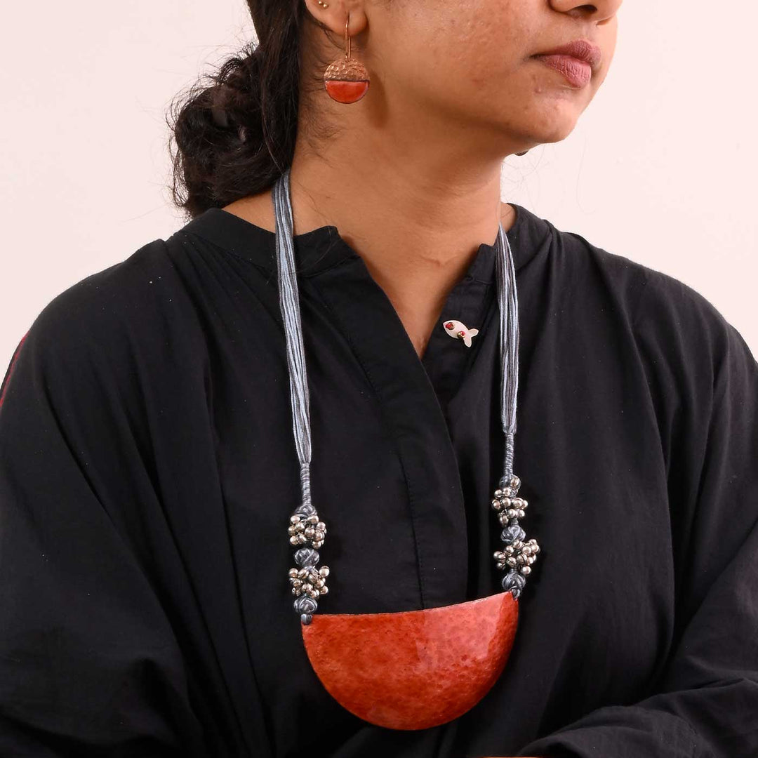 Handmade Half Moon Shaped Ghungroo Copper Enamel Pendant With Earrings