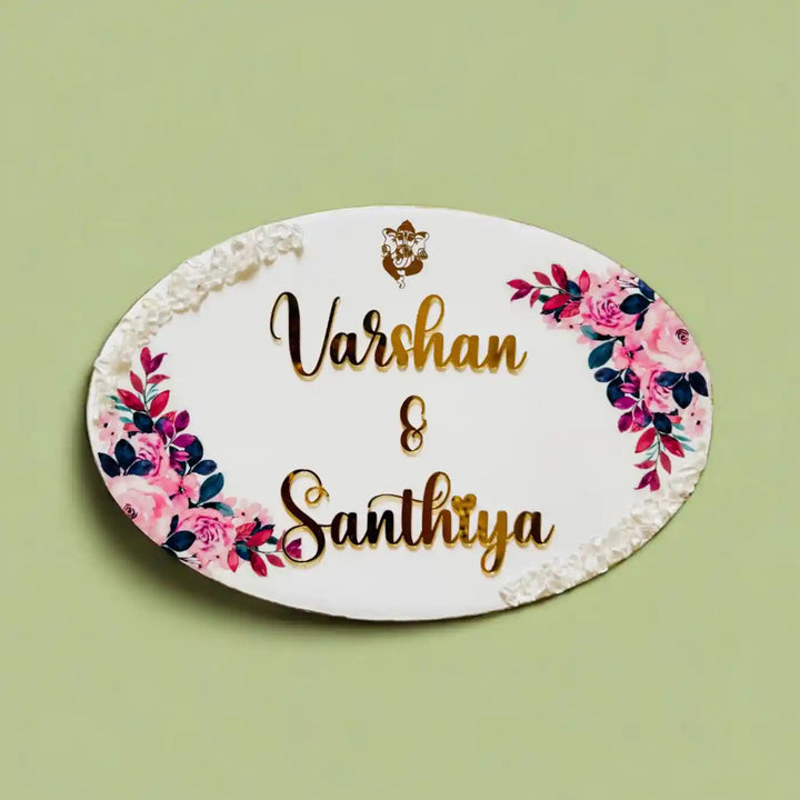 White & Pink Personalized Oval Resin Name Plate | With 3D Acrylic Letters & Gold Stone Embellishment