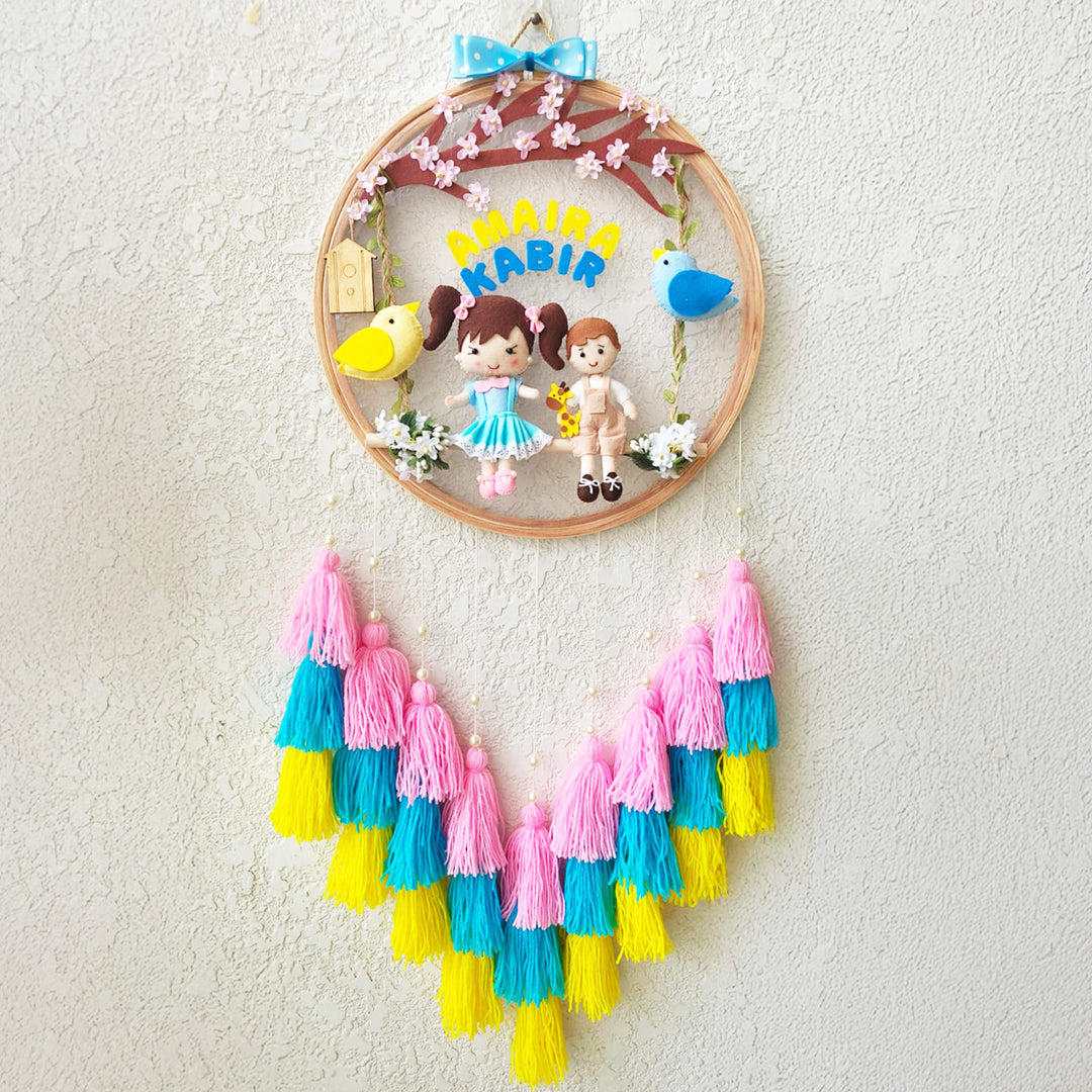 Personalized Spring Blossom Theme Kids Name Plate With Tassels For Siblings
