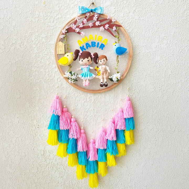 Personalized Spring Blossom Theme Kids Name Plate With Tassels For Siblings
