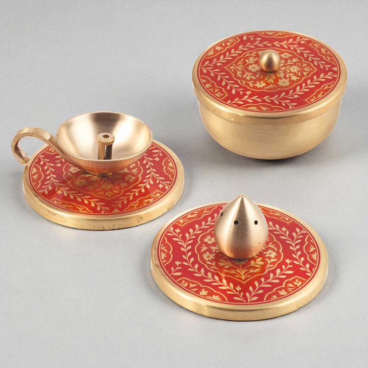 Hand-Painted Sanskaar Brass Gift Hamper | Includes 1 Diya, 1 Incense Holder, 2 Containers And 1 Gift Box
