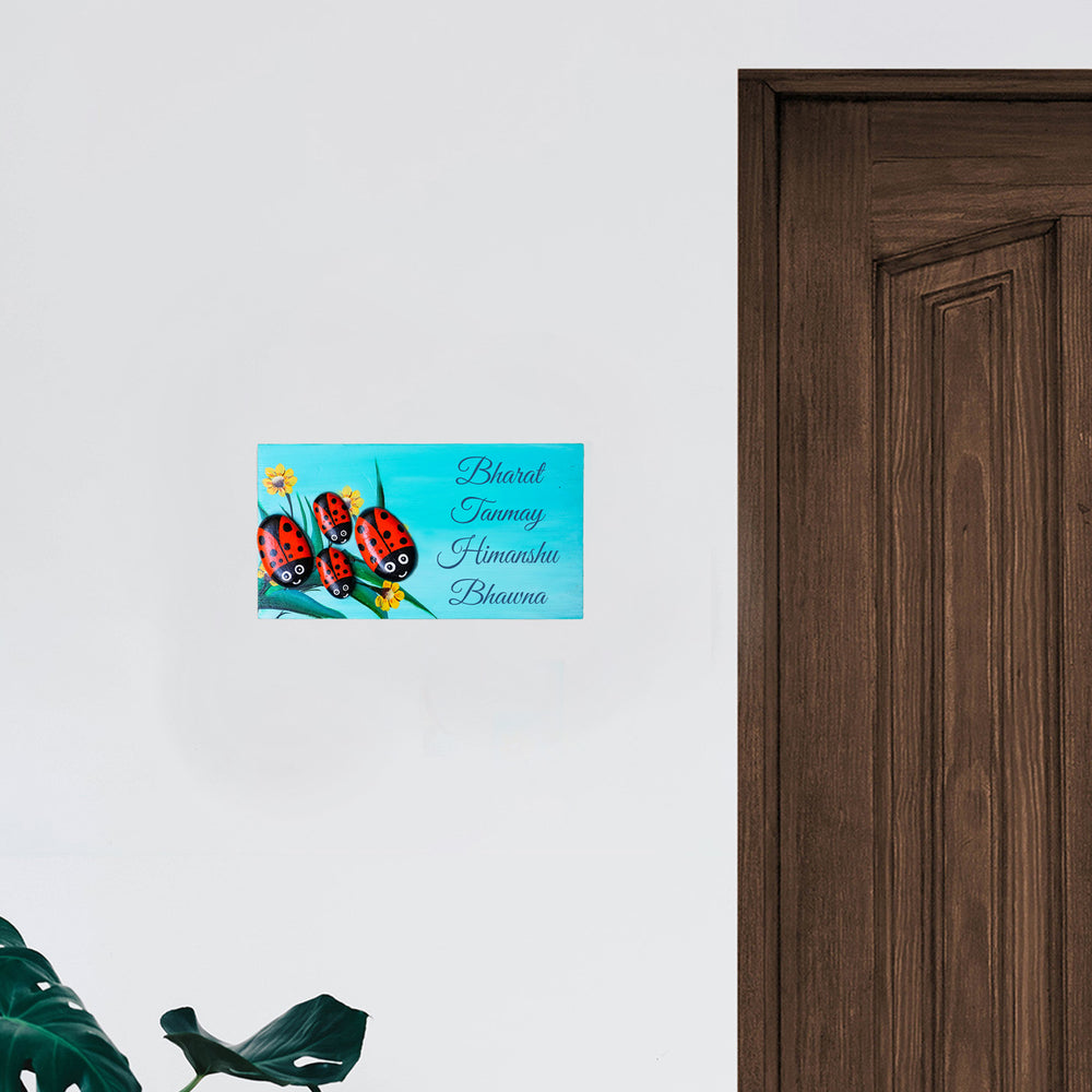 Hand Painted Ladybugs Pebble Name Plate - Mounted on Wall Near Door