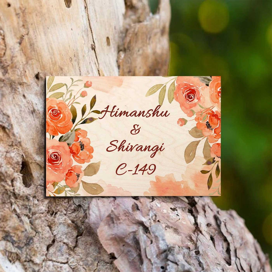 Printed Orange Floral Wooden Rectangle Nameplate 1 - Name Personalization Example on Wood