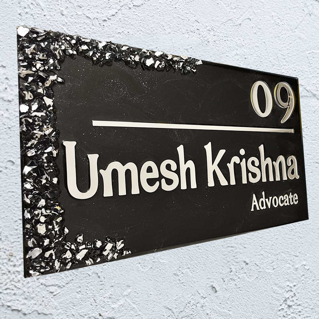 Personalized Black And Silver Resin Name Plate - Angled Wall Mounted View