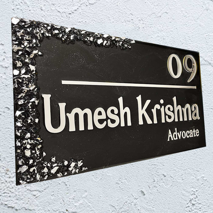 Personalized Black And Silver Resin Name Plate - Angled Wall Mounted View