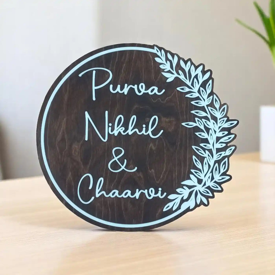 Personalized Handmade Floral Ring Circular Wooden Name Plate