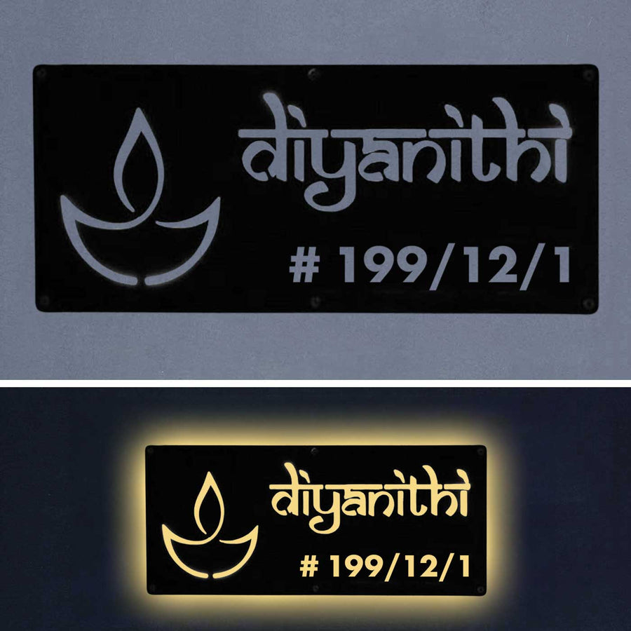 Personalized Waterproof Diya Design Laser Cut Metal Led Name Plate - Front and Illuminated Night View