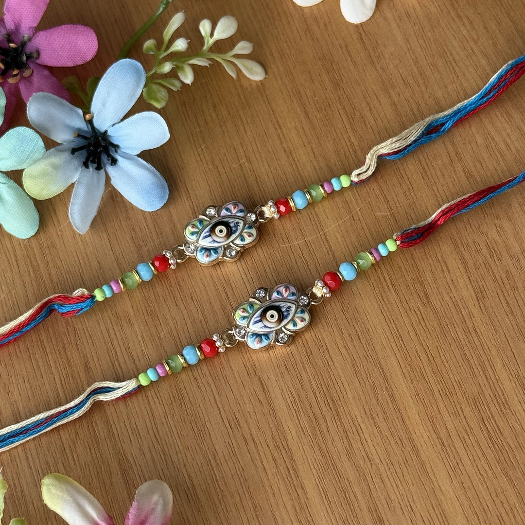 Handmade Multicolor Beaded Evil Eye Rakhi With Roli Chawal - Top view showing bracelet design
