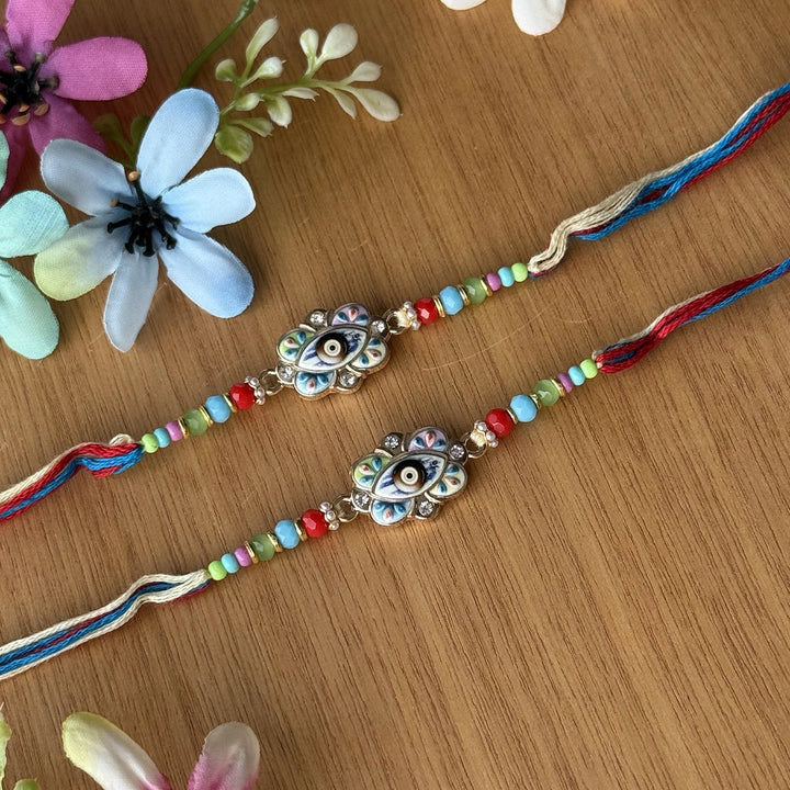 Handmade Multicolor Beaded Evil Eye Rakhi With Roli Chawal - Top view showing bracelet design