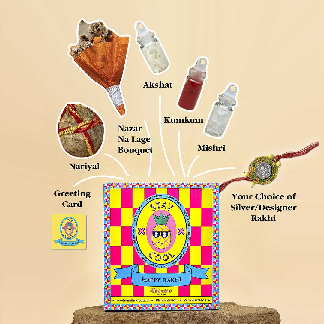 Handmade Mirror Work Braided Rakhi Hamper With Roli Chawal For Bhaiya And Bhabhi - Rakhi Set Components Layout