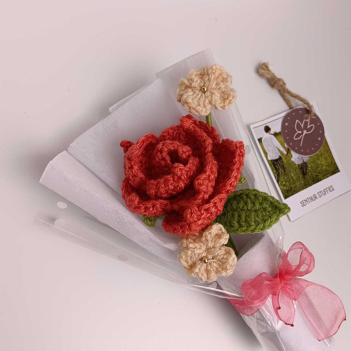 Handmade Crochet Red Rose Mini Flower Bouquet | Includes Photo & Greeting Card