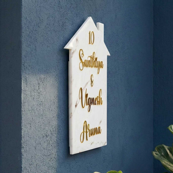 White Minimal Personalized Marble Effect House Shape Resin Name Plate | With 3D Acrylic Letters