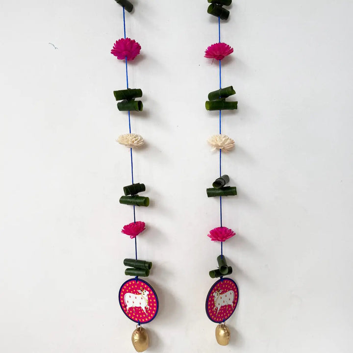 2 Pc | Handmade Cow Motif Pink & White Shola Flower Hanging