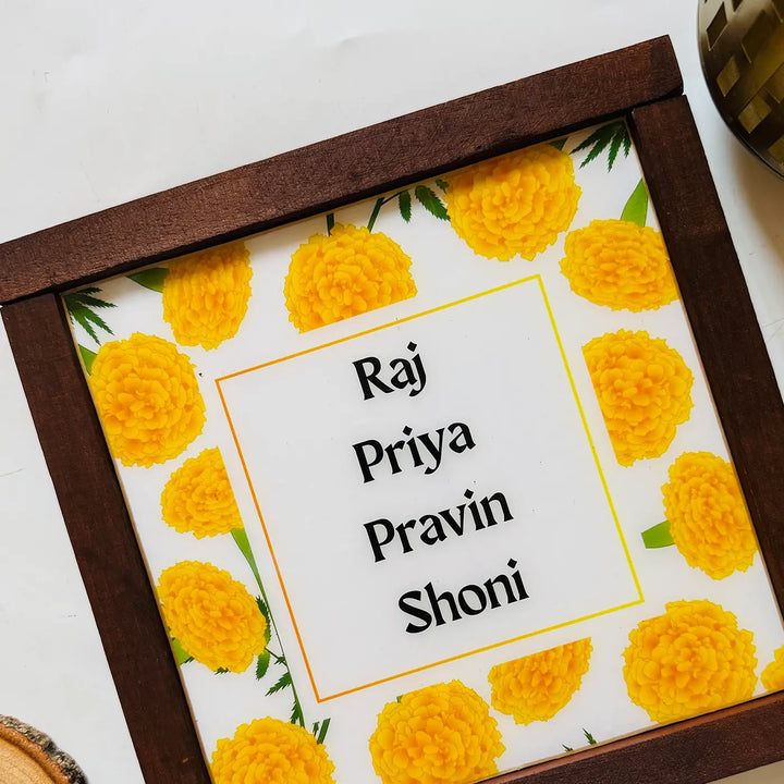 Yellow Marigold Personalized Framed Square Resin Name Plate