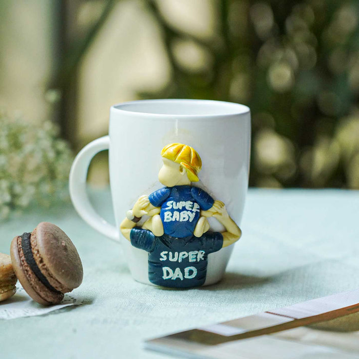 Handmade Polymer Clay Super Dad And Super Baby Theme Ceramic Mug