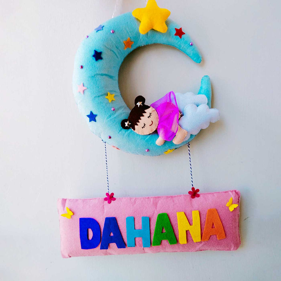 Personalized Moon Theme Felt Kids Name Plate 1 - Hanging Front View with Name Personalization
