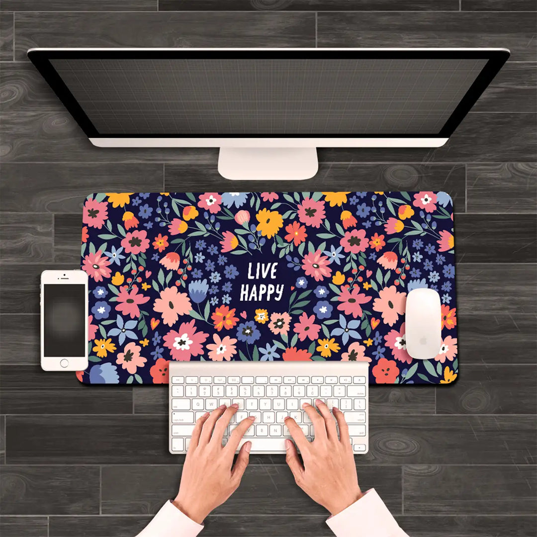 Printed Anti Slippery & Water Resistent Floral "Live Happy" Desk Mat
