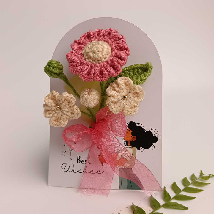 Handmade Crochet 3D Pink & Cream Floral Greeting Card