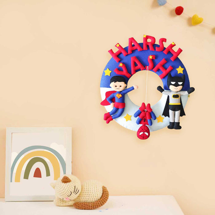 Personalized Superhero Theme Felt Kids Name Plate For Siblings - Mounted on Wall with Personalized Name