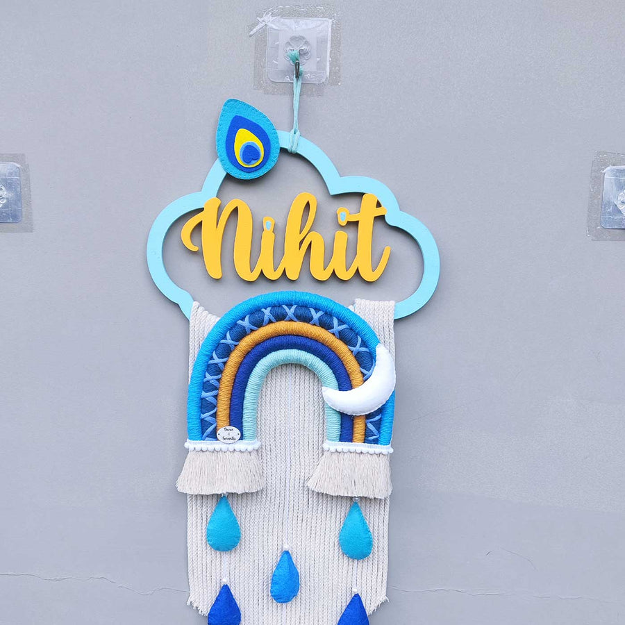 Personalized Handmade Macrame Krishna Morpankh Kids Name Plate With 3D Letters - Hanging Front View on Hook