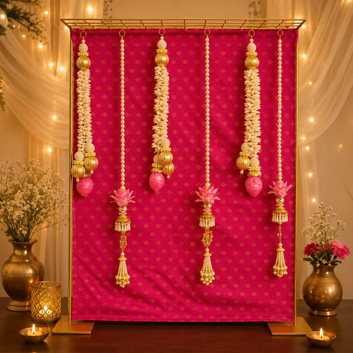 Pink Brocade Pooja Backdrop Decor Kit With Jaali Stand & Pearl Tassels