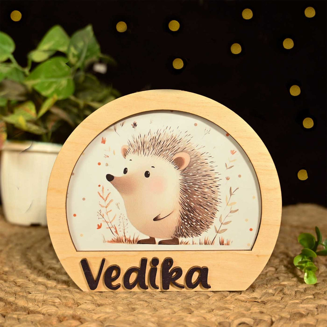 Personalized Hedgehog Theme Wooden Table Lamp For Kids With 3D Letters